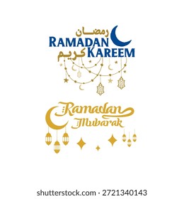 Tipografía festiva islámica con “Ramadan Kareem” y “Ramadan Mubarak” con luna creciente y decoraciones de faroles colgantes, adecuada para saludos y Anuncios de Ramadán.