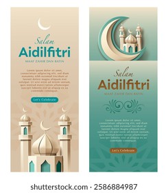 Islamic festive vertical banner - Paper Art Origami Mosque and Crescent Moon