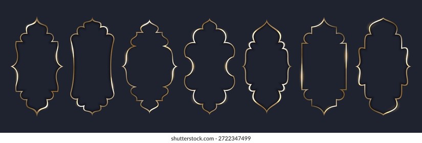 Conjunto de molduras verticais metálicas de ouro de figura islâmica. Elementos de design do Oriente Médio com sombras e realces. A arte da linha de ouro faz fronteira com o Oriente Árabe. Ilustração vetorial EPS 10.