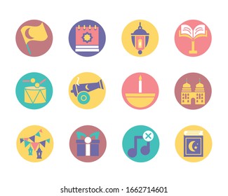 islamic flag and ramadan icon set over white background, block style, vector illustration