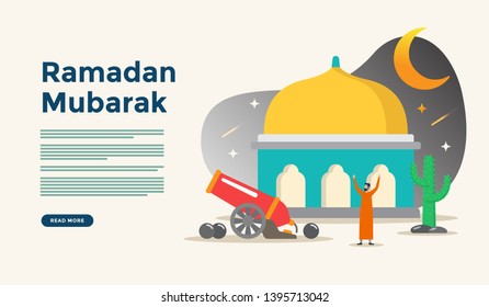 Islamic flat design illustration for happy eid fitr or adha mubarak and ramadan kareem with people character concept for web landing page, banner, social, poster, ad, promotion, book or print media