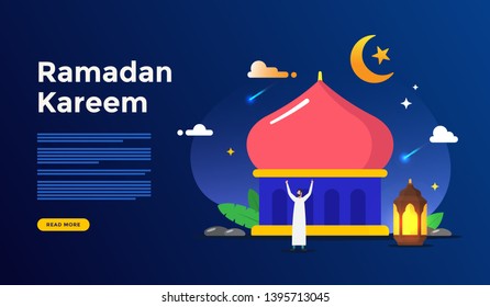Islamic flat design illustration for happy eid fitr or adha mubarak and ramadan kareem with people character concept for web landing page, banner, social, poster, ad, promotion, book or print media
