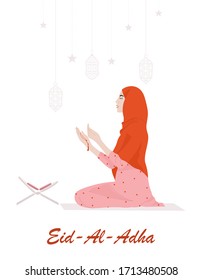 Ilustración islámica de diseño plano para feliz Eid Fitr o Adha Mubarak y Ramadan Kareem con oración y du'a quran leyendo musulmana mujer. Se puede utilizar para banner, tarjeta de felicitación, volante y otros.