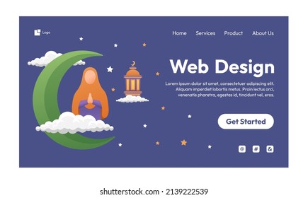 Islamic flat design illustration for happy eid fitr or adha mubarak and ramadan kareem with people character concept for web landing page, banner, social, poster, ad, promotion, book or print media