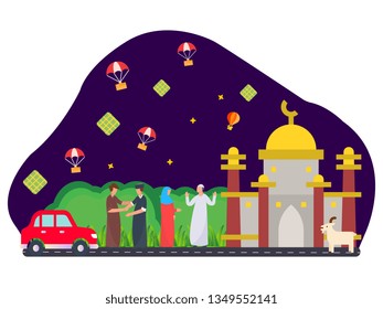 islamic Flat illustration mosque and people talking, hugging, eid night, can be used for ui, web, banner and many more