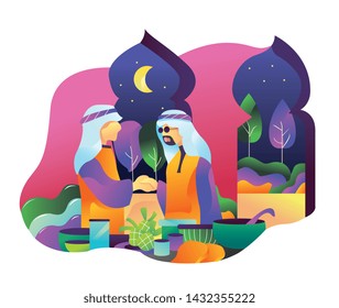 islamic Flat illustration mosque and people talking, hugging, eid night, can be used for ui, web, banner and many more