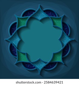 Islamic floral geometric pattern with intricate arabesque details 8-pointed star shape, and copy space in the center. Elegant vector for Ramadan, Eid, and Islamic occasions in shades of blue and green