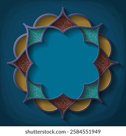 Islamic floral pattern with eight-pointed star and plant motifs. Copy space makes it ideal for Ramadan, Eid, and Hijri New Year. Elegant vector in blue, gold, and earthy tones, inspired by Arabic art