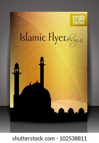 Islamic flyer or brochure and cover design with Mosque or Masjid silhouette with wave and floral effects in yellow color. EPS 10, vector illustration.