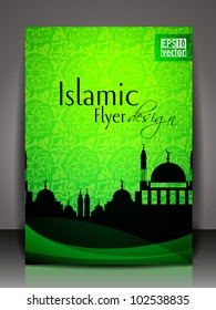 Islamic flyer or brochure and cover design with Mosque or Masjid silhouette with wave and floral effects in green color. EPS 10, vector illustration.