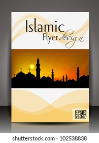 Islamic flyer or brochure and cover design with Mosque or Masjid silhouette with wave and floral effects in yellow coloron evening background. EPS 10, vector illustration.