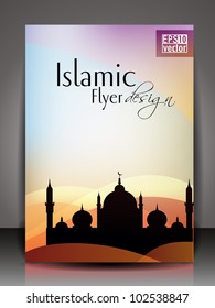 Islamic flyer or brochure and cover design with Mosque or Masjid silhouette with wave effects, evening view. EPS 10, vector illustration.