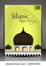 Folleto islámico o diseño de portada con fondo abstracto de concepto mezquita y masjid en colores brillantes y espacio para tu texto. EPS10, Ilustración vectorial.