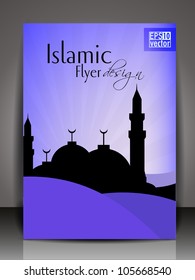 Islamische Flyer Broschüre oder Cover-Design mit Moschee und Masjid Silhouette, abstraktes Wellenmuster auf violettem Hintergrund. EPS10.