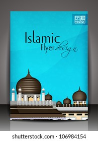 Islamic flyer brochure or cover design with Mosque and Masjid on abstract wave background. EPS10.