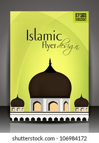 Folleto islámico o diseño de portada con mezquita y mezquita sobre fondo de onda abstracta. EPS10.