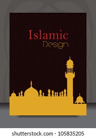 Islamic flyer and cover design with Mosque or Masjid silhouette, vector illustration.