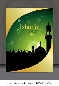 Islamic flyer and cover design with Mosque or Masjid silhouette, EPS 10, vector illustration.