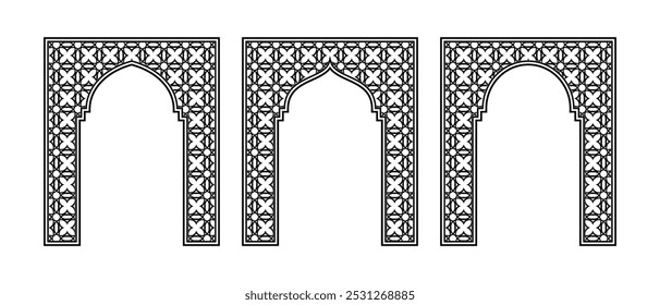 Quadro Islâmico com Arco e Padrão Geométrico, Bordas e Mashrabiya Design, Editável e Escalável Vetor EPS Arquivo para Cutting Art, Painéis, Portões e Decoração Oriental