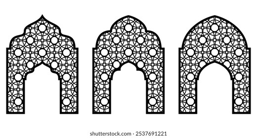 Islamic Frame with Arch and Geometric Pattern, Borders and Mashrabiya Design, Editable and Scalable Vector EPS File for Cutting Art, Panels, Gates and Oriental Decoration