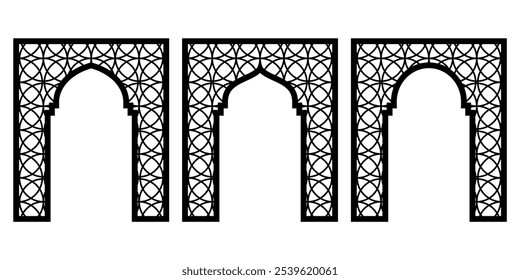 Islamic Frame with Arch and Geometric Pattern, Borders and Mashrabiya Design, Editable and Scalable Vector EPS File for Cutting Art, Panels, Gates and Oriental Decoration
