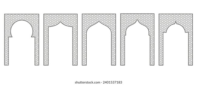 Islamic frame with arch and ornament. Ramadan gate on geometric background for wedding invitation design. Vector oriental decorations set