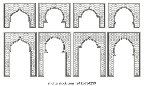 Islamischer Rahmen mit Bogen und Ornament. Ramadan-Tor auf geometrischem Hintergrund für Hochzeitseinladung Design. Vektororientalisches Dekorationsset