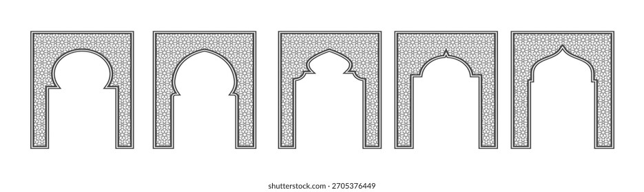 Moldura islâmica com arco e ornamento. Portão Ramadã sobre fundo geométrico para projeto de convite de casamento. Conjunto de decorações orientais vetoriais