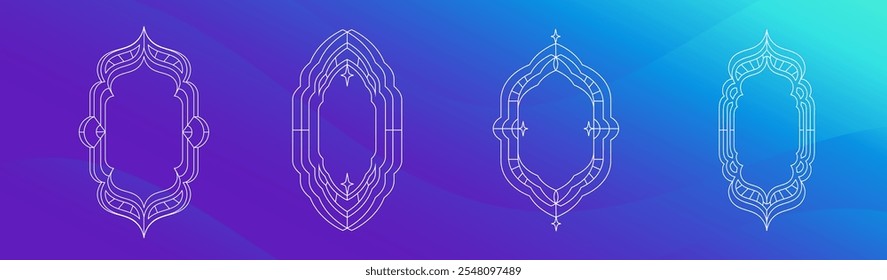 Coleção de quadros islâmicos, árabe, quadro minimalista de arte em linha de ramadã, cartões de saudação, ilustração vetorial.