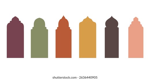 Marco islámico, forma colorida, Plantilla de diseño, ilustración plana de Vector. Colección de ventanas y arcos árabes de estilo oriental, conjunto de decoración antigua