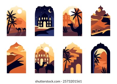 Islamic frame landscape. Modern arabic background with Islam mosque dome and minaret, Islamist oriental architecture boho landscape. Vector illustration.