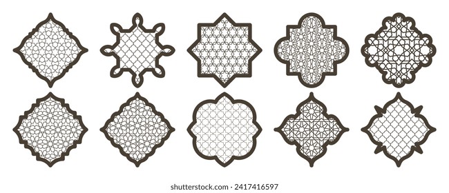 Islamic frame shapes set. Ramadan window with ornamental pattern. Vector oriental decoration design. Arabian traditional outline elements and signs