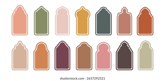 Islamic frame, window, colorful shape, design template, vector flat illustration. Collection of oriental style arab arches, antique set