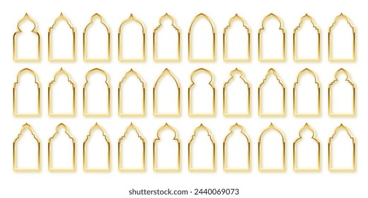 Islamic frames, oriental style. Golden arabic shapes, windows and arches. Traditional ornamental banner, frame. Muslim holidays, Ramadan Kareem. Modern eastern architecture. Vector illustration