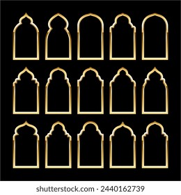 Islamic frames, oriental style. Golden arabic shapes, windows and arches. Traditional ornamental banner, frame. Muslim holidays, Ramadan Kareem. Modern eastern architecture. Vector illustration