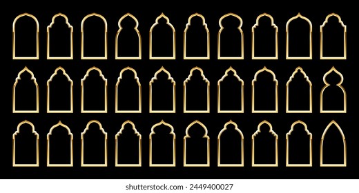 marcos islámicos, estilo oriental. Formas, ventanas y arcos árabes dorados. Anuncio ornamental tradicional, marco. Fiestas musulmanas, Ramadán Kareem. Arquitectura oriental moderna. Ilustración vectorial