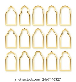Islamic frames, oriental style. Golden arabic shapes, windows and arches. Traditional ornamental banner, frame. Muslim holidays, Ramadan Kareem. Modern eastern architecture. Vector illustration