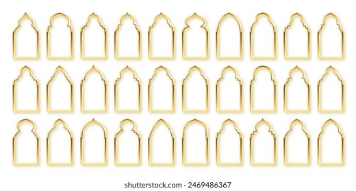 marcos islámicos, estilo oriental. Formas, ventanas y arcos árabes dorados. Anuncio ornamental tradicional, marco. Fiestas musulmanas, Ramadán Kareem. Arquitectura oriental moderna. Ilustración vectorial