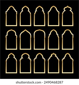 Islamic frames, oriental style. Golden arabic shapes, windows and arches. Traditional ornamental banner, frame. Muslim holidays, Ramadan Kareem. Modern eastern architecture. Vector illustration
