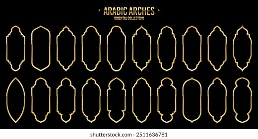 Marcos islámicos, estilo oriental. Formas árabes doradas, ventanas y arcos. Anuncio ornamental tradicional, marco. Fiestas musulmanas, Ramadán Kareem. Arquitectura oriental moderna. Ilustración vectorial
