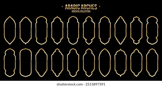 Islamische Rahmen, orientalischer Stil. Goldene arabische Formen, Fenster und Bögen. Traditionelles Zierbanner, Rahmen. Muslimische Feiertage, Ramadan Kareem. Moderne östliche Architektur. Vektorgrafik
