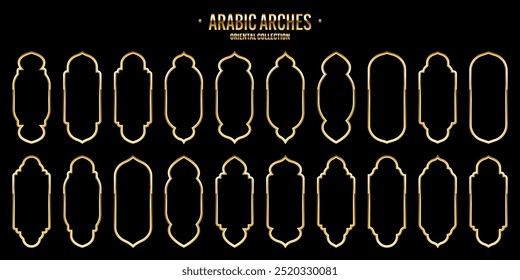 Islamic frames, oriental style. Golden arabic shapes, windows and arches. Traditional ornamental banner, frame. Muslim holidays, Ramadan Kareem. Modern eastern architecture. Vector illustration
