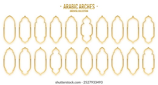 Quadros islâmicos, estilo oriental. Formas arábicas douradas, janelas e arcos. Banner ornamental tradicional, moldura. Feriados muçulmanos, Ramadan Kareem. Arquitetura moderna oriental. Ilustração vetorial