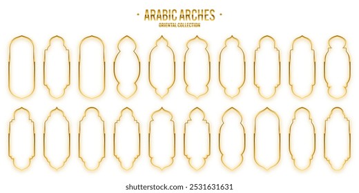 Islamic frames, oriental style. Golden arabic shapes, windows and arches. Traditional ornamental banner, frame. Muslim holidays, Ramadan Kareem. Modern eastern architecture. Vector illustration