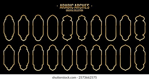 Islamic frames, oriental style. Golden arabic shapes, windows and arches. Traditional ornamental banner, frame. Muslim holidays, Ramadan Kareem. Modern eastern architecture. Vector illustration