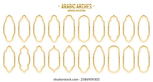 Islamic frames, oriental style. Golden arabic shapes, windows and arches. Traditional ornamental banner, frame. Muslim holidays, Ramadan Kareem. Modern eastern architecture. Vector illustration