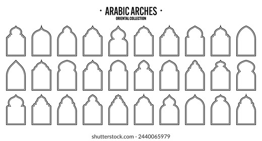 Islamic frames, oriental style objects. Arabic shapes, windows and arches. Traditional ornamental banner, frame. Muslim holidays, Ramadan Kareem. Modern eastern architecture. Vector illustration