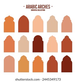 Islamic frames, oriental style objects. Arabic shapes, windows and arches. Traditional ornamental banner, frame. Muslim holidays, Ramadan Kareem. Modern eastern architecture. Vector illustration