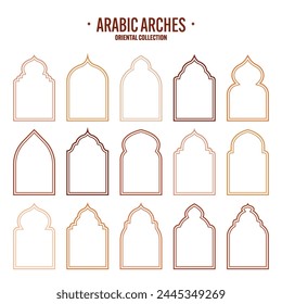 Islamic frames, oriental style objects. Arabic shapes, windows and arches. Traditional ornamental banner, frame. Muslim holidays, Ramadan Kareem. Modern eastern architecture. Vector illustration