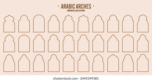 Islamic frames, oriental style objects. Arabic shapes, windows and arches. Traditional ornamental banner, frame. Muslim holidays, Ramadan Kareem. Modern eastern architecture. Vector illustration
